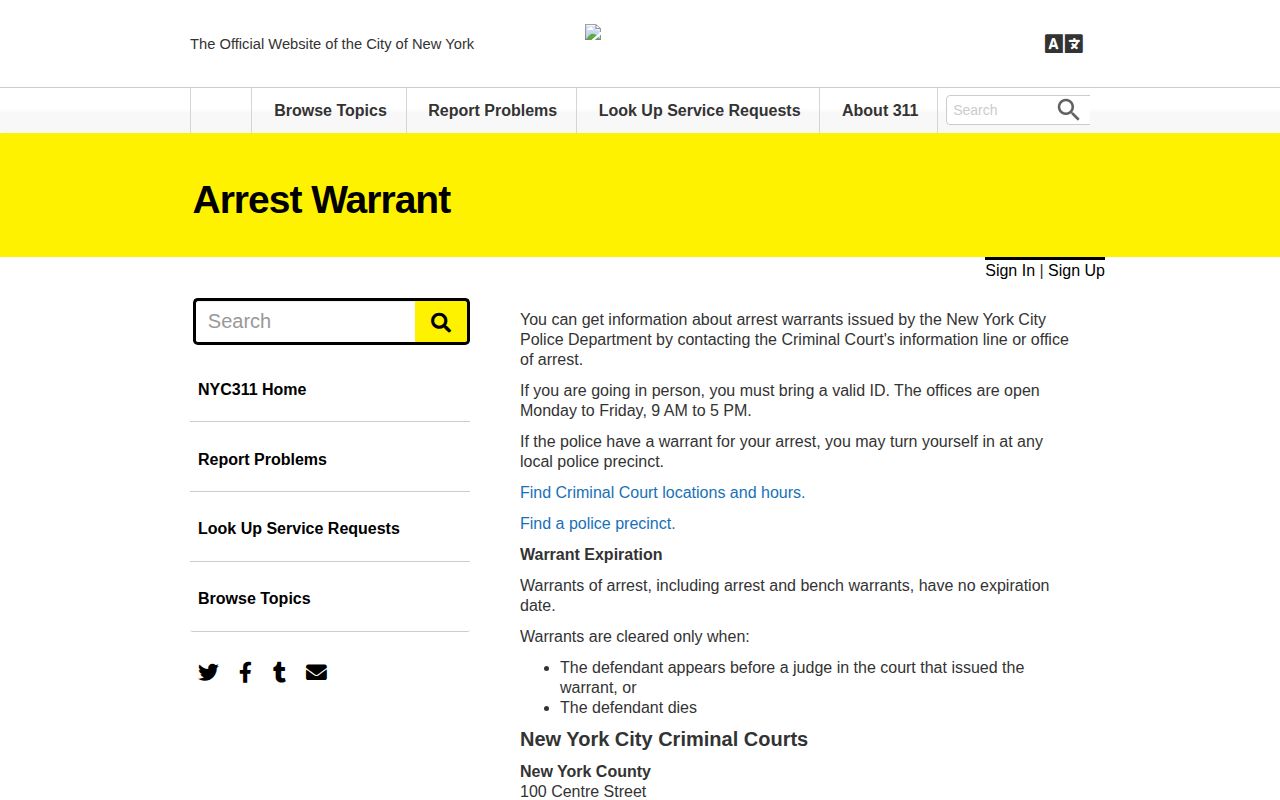 Kings County warrant-check instructions on the official NYC311 arrest warrant page